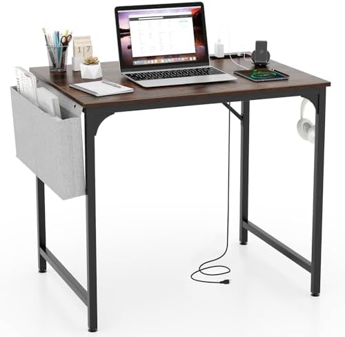 COSTWAY Home Office Desk, 32 Inch Computer Desk with Recessed Power Strip, Storage Bag & Headphone Hook, Wide Desktop, Modern Computer Workstation Writing Table for Home, Office (Rustic Brown + Black)