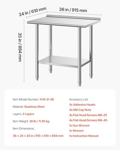 VEVOR Stainless Steel Work Table, 24x36 Inch Food Prep Table with Backsplash, Commercial Kitchen Workstation with Adjustable Undershelf, Metal Heavy Duty Utility Worktable, for Restaurant Home Outdoor