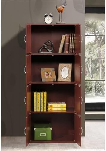 Pemberly Row 4 Shelf 8 Door Bookcase, 54.3 in H x 23.4 in W x 15.5 in D, Mahogany Finish, Slim Vertical Design, Wood Construction, Multipurpose Storage for Office, Bedroom, Closet or Entryway