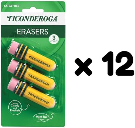 Ticonderoga Pencil Shaped Erasers, 3 Erasers/Pack, 12 Packs
