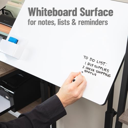 Mind Reader Standing Whiteboard Desk, Adjustable Height, Computer Desk, Laptop Desk, Portable, Rolling, 21" L x 21.5" W x 68.5" H, White
