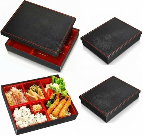 Teenyyou 4 Pcs 12 x 9.5 x 2.2 inches Japanese Bento Box Adult 6 Compartments Divided Japanese Food Presentation with Greaseproof Restaurant Bento Tray Sushi Tray Gift for Sushi Home Restaurant