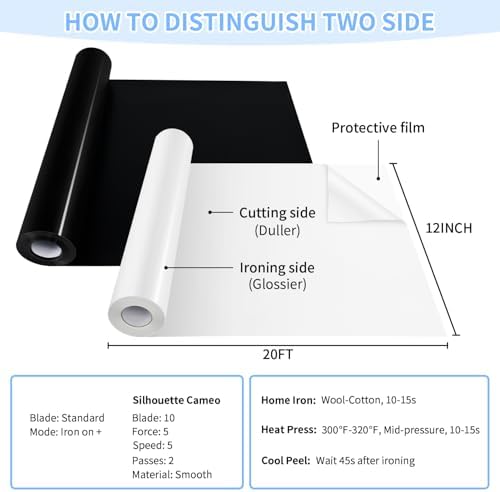 VinylRus Heat Transfer Vinyl, Black & White, 12" x 20ft