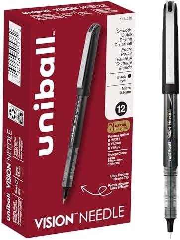uniball Vision Needle Rollerball Pens, Micro Point (0.5mm), Black, 12 Pack