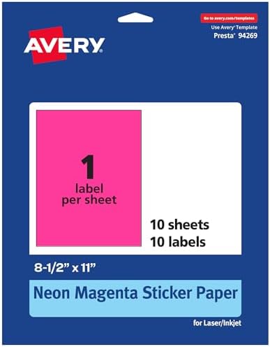 Avery® Printable Sticker Paper, 8-1/2" x 11", Full-Sheet Labels, Neon Magenta Labels, Laser/Inkjet Printable, 10 Total, Great for Packaging and Stickers