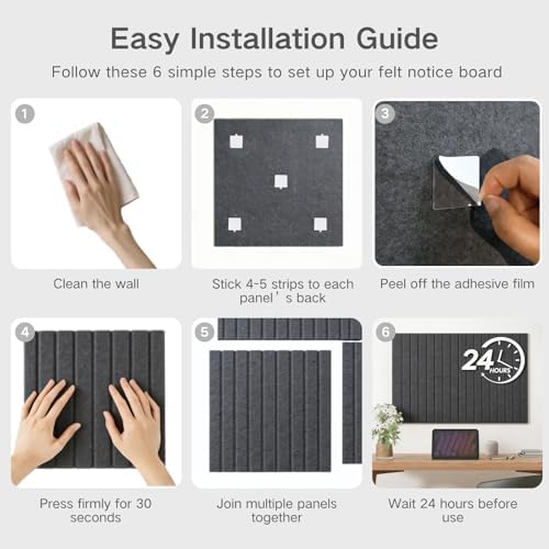 Felt Bulletin Board 48"x36" Large - Cork Board Alternative, 12-Pack Felt Wall Tiles with 70 Adhesive Tabs & 35 Pushpins, Pin Board for Home Office Decor, Gray