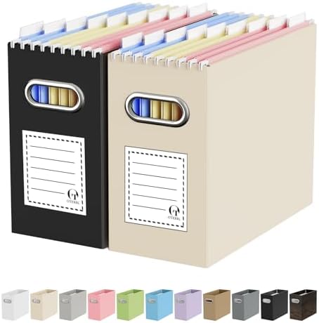 Oterri Portable Collapsible Cardboard File Box with Handle for Letter-Size | 2-Pack. Stainless Steel Handle. Label Stickers Included. Fits Letter Folders (Not Included). Home, Office, School, Dorm, Tax.
