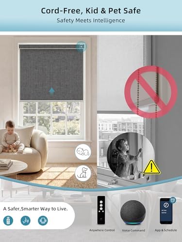 SmartWings Motorized Smart Roller Shades, 100% Blackout Bouvar Medium Grey