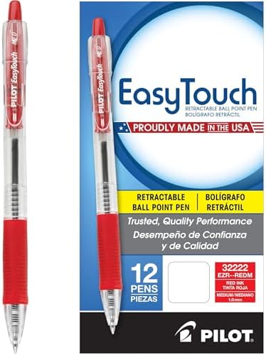 Pilot Easytouch Ballpoint Pen, Retractable, Medium 1 Mm, Red Ink, Clear Barrel, Dozen