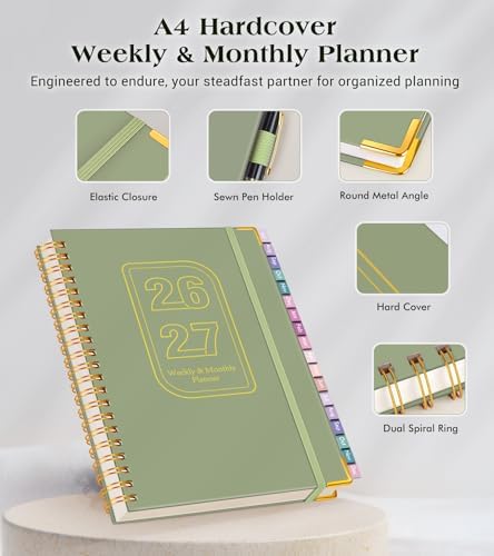 Academic Planner 2026-2027, 18 Months Weekly and Monthly Hardcover Planner, July 2026 - December 2027, 8.5" x 11" A4 Large Daily Calendar Planner Book with Tabs, Spiral College School Agenda Organizer for Student Teacher, Green