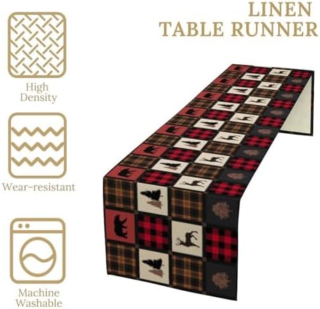 Rustic Bear Table Runner, Vintage Cottage Country Style Pine Tree Elk Wildlife Dinner Runner for Home Kitchen Dining Table Decoration 13"x108"