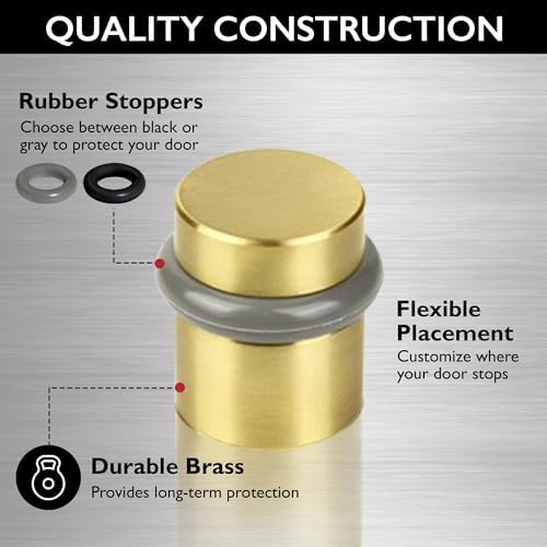 Modern Cylindrical Door Stop – Satin Brass Floor Rubber Bumper, 4-Pack – Design House, 188185