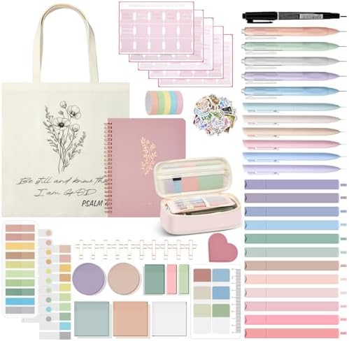 Jutom 110 Pcs Bible Study Supplies Bible Journaling Kit with Canvas Tote Bag Pen Case Notebook Highlighters Pen Sticky Note Tabs Page Markers Stickers Tape for Women Christian Christmas Gift(Pink)