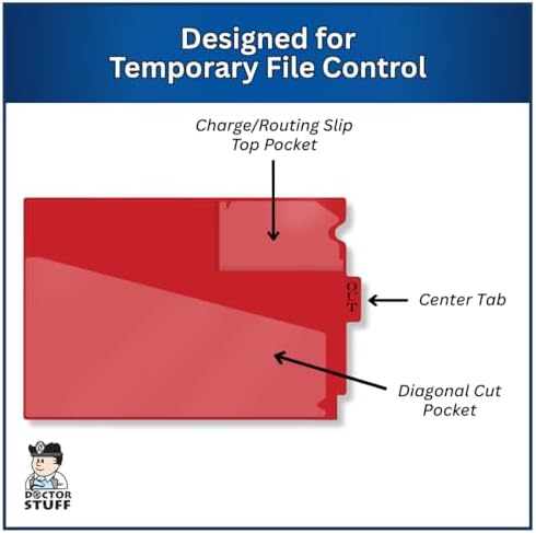 Doctor Stuff - Center Tab Vinyl Outguides, Diagonal Cut Front Pocket, Top Charge Out Slip Pocket, Plastic File Folder, Letter Size 9" x 13-1/4", Red, 25/Box