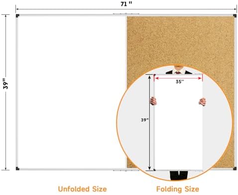 XBoard Extra Large Magnetic White Board and Bulletin Corkboard Combination, 72 x 40 Inch Foldable Dry Erase & Cork Combo Board for wall with Aluminum Frame, 6' x 3' Notice Memo Board Pin Vision Board