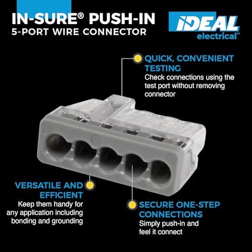Ideal Electrical in-Sure Push-in Wire Connector, 5-Port (30-1087J), Jar of 200—Color Coded No-Twist Connectors for Solid and Stranded Wires