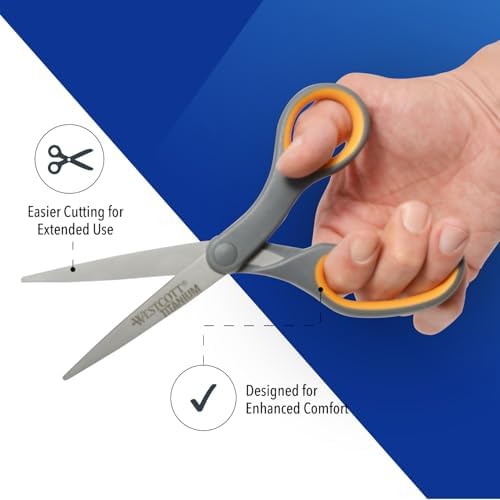 Westcott Titanium Bonded Scissors, Soft Handle, 8", Straight, Gray/Yellow, 6-Pack