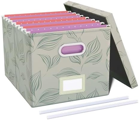 Oterri File Organizer with Lid, File Box, File Cabinet for Letter File Folder Storage, Hanging File Organizer for Office/Decor/Home,Document Organizer, 1 Pack,Leaf Gray-Box Only