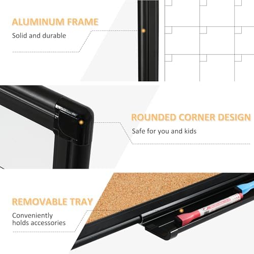 Monthly Dry Erase Calendar Whiteboard with Corkboard, 30" x 20", Black