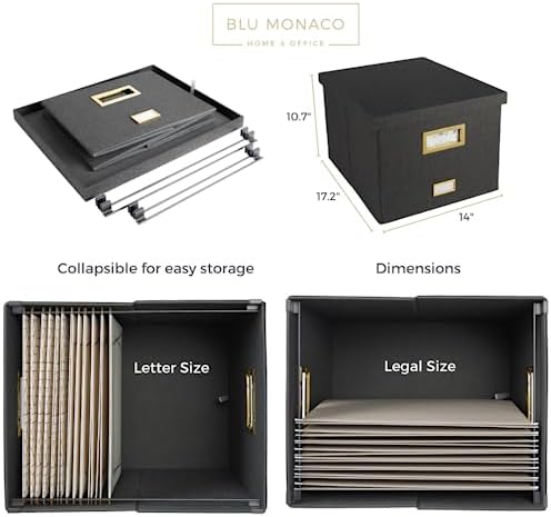 BLU MONACO | Desktop Hanging File Organizer Box with Lid | Hanging File Organizer for Desk in Grey Linen | File Bins with Lids for School and Office Storage