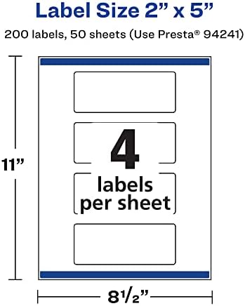 Avery Printable Durable White Rectangle Labels, Sure Feed Technology, 2" x 5", Print-to-the-Edge, Waterproof Labels, Laser & Pigment-Based Inkjet Compatible, 200 Total