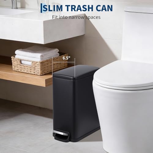 PrecisionAuto Slim Bathroom Trash Can with Soft Close Lid, 10 Liter / 2.6 Gallon Stainless Steel Step Garbage Can with Removable Inner Bucket, Narrow Trash Bin for Toilet Bedroom Kitchen, Black