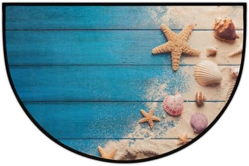 Blue Wood Beach Starfish Half Round Door Mat Non Slip Washable Semi Circle Area Rug Absorbent Soft Half Moon Rug Floor Mat for Indoor Outdoor Kitchen Bathroom Patio Front Door Mat Decor