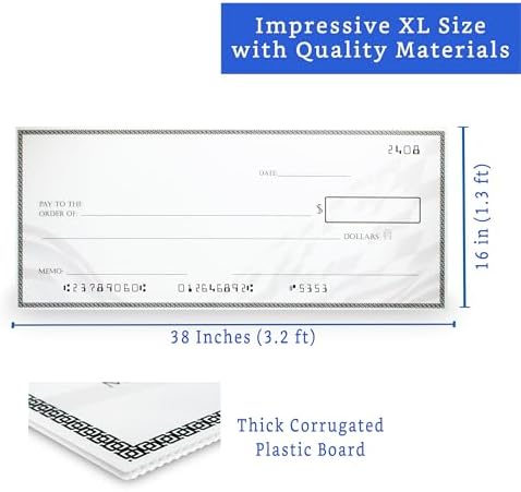 Giant Check (38 x 16 inches - X-Large Size) - Big Checks for Presentations, Awards, Donations, Ceremonies and Events
