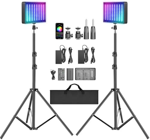 NEEWER 2 Pack RGB Video Light with Tripod Stands NP-F550 Batteries, Studio LED Panel Key Lighting Kit for Game Streaming YouTube Recording Photography Photoshoot Podcast, APP Control/CRI97+, RGB-P280