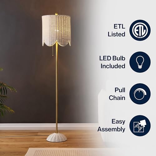 JONATHAN Y Joel Scalloped Rattan Floor Lamp 63.5", White/Brass Gold