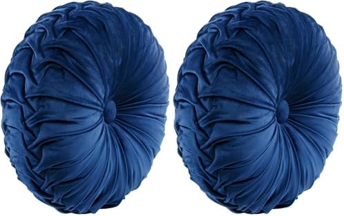 Lush Decor Round Pleated Soft Velvet Decorative Throw Pillow, 1 Count, 15" Diameter, Navy - Blue Plush Round Pillow, Seat Cushion, Decorative Pillows for Bed, Couch, Or Chair (Pack of 2)