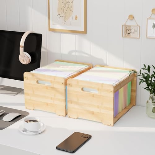 Bamboo Hanging File Organizer, Desktop File Box, Open Top, 2 Pack, Natural | Open-Top Access, 4 Hanging Folders Included, Letter & Legal Files, Sliding Rails, Reinforced Handles, Easy Assembly