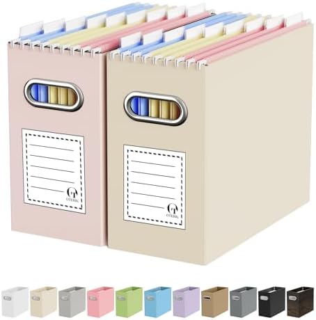 Oterri Portable Collapsible Cardboard File Box with Handle for Letter- Beige+Light Pink 2 Packs