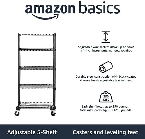 Amazon Basics 5-Shelf Heavy Duty Garage Shelving Storage Rack with 4" Wheel Casters, Adjustable Metal Wire Organizer, 300 lbs Per Shelf, 30" x 14" x 64.75", Black