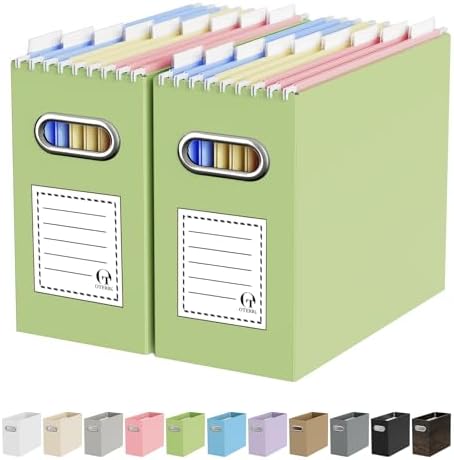 Oterri Portable Collapsible Cardboard File Box with Handle for Letter-Size | 2-Pack. Stainless Steel Handle. Label Stickers Included. Fits Letter Folders (Not Included). Home, Office, School, Dorm, Tax.