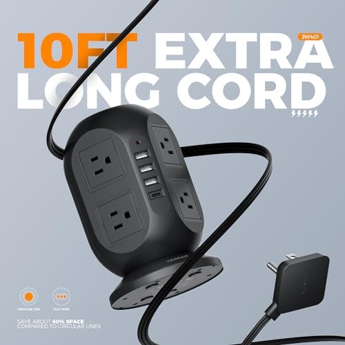 TESSAN Tower Power Strip 10 ft, Long Flat Extension Cord，Multiple Outlets