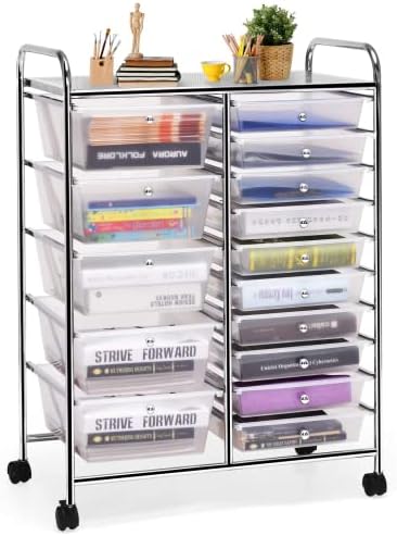 COSTWAY 15 Drawer Rolling Storage Cart, Mobile Utility Cart with Lockable Wheels, Drawers, Multipurpose Organizer Cart for Home, Office, School, Clear