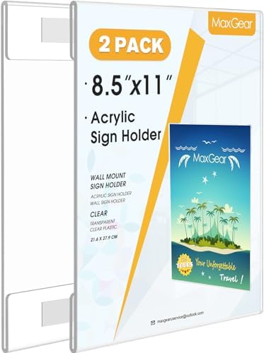 MaxGear Acrylic Sign Holder 8.5 x 11 Wall Mount with Tape, 2 Pack, Vertical