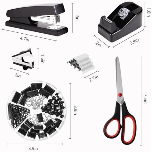 Office Supplies,Black Desk Accessories,Desk Organizer,Phone Stand,Scissors,Stapler,Tape Dispenser,Binder Clips,Staples,Staple Remover,Sticky Notes,Index Tabs,Clear Tape,Mini Box Cutter,Cool Pen.16pcs