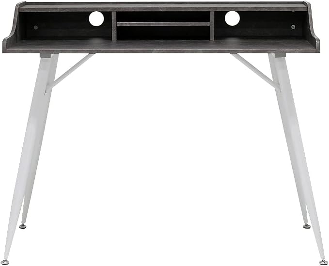 Calico Designs Woodford 45” Wide Modern, Secretary, Writing, Desk with Low Storage Hutch and Whtie Metal Tapered Legs in Marbled Dark Grey, White