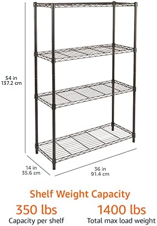 Amazon Basics 4-Shelf Adjustable Heavy Duty Steel Wire Rack Storage Shelving, Sturdy Garage Shelving, 350 lbs Capacity Per Shelf, Easy No-Tool Assembly, 36" x 14" x 54", Black