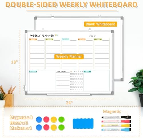 Weekly Dry Erase Calendar Whiteboard with Corkboard, 24" x 18", Silver