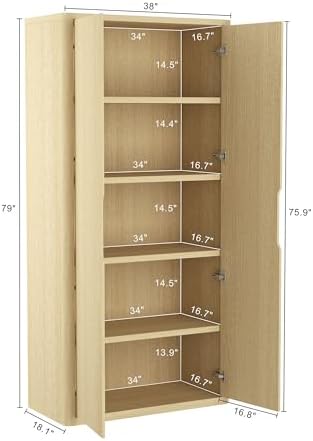 Manhattan Comfort Rivington Bookshelf 79 in Tall 5-Tier Bookcase with Soft Close Doors, Modern Storage Cabinet, Handle-Free, Round Corner Design for Living Room, Bedroom, or Home Office in Natural Oak