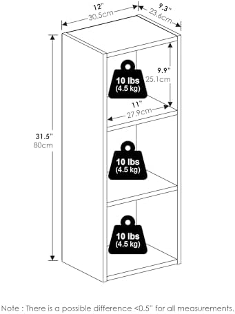 Furinno PASIR Book Shelf, 3-Tier Bookshelf, Open Storage Shelf Bookcase, Easy Assembly, 9" x 12" x 32", for Living Room, Bedroom, Home Office, Amber Pine