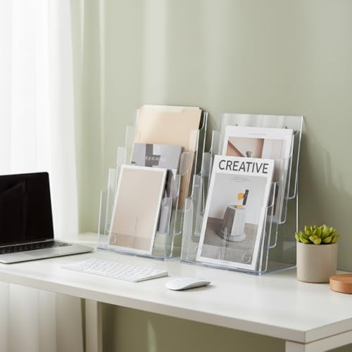 Azar Displays 252376-2PK Four Tier, Four Pocket Letter Brochure File Holder for Flyer, Office Supplies, Paper Document or Magazines, Clear Organizer for Wall and Counter Desktop Stand, 8.5" x 11" (2-Pack)