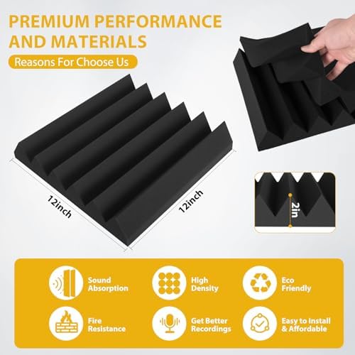 36 Pack Acoustic Foam Panels 2" x 12" x 12" Sound Proof Foam Panles Saiqiang Soundproofing Noise Absorbing Wedge Black Panels for Wall Studio Foams with Double-Side Adhesive