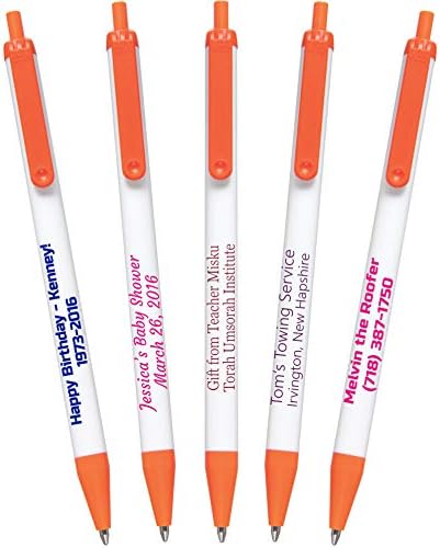 USA Made, Personalized Writing Ink Ballpoint Novelty Pens, Custom Printed with Your Logo & Text (Pack of 500 White Pens with Orange Trim)