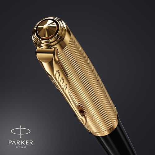 Parker 51 Fountain Pen | Deluxe Black Barrel with Gold Trim | Fine 18k Gold Nib with Black Ink Cartridge | Gift Box