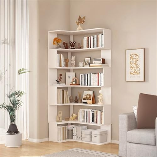 Vertical L-Shape Storage with Open Back 6 Shelves Corner Bookshelf Wood Floor Rack Student Integrated Wall Bookcase Corner Cabinet Multi-Layer Storage Cabinet White 24" L x 35" W x 75" H
