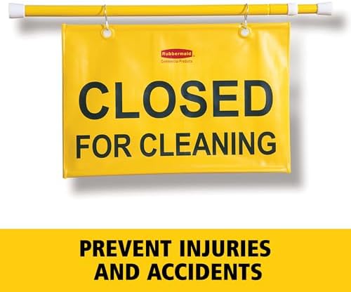 Rubbermaid Commercial Products Heavy Duty Extend-to-Fit, "Closed For Cleaning" Hanging Doorway Safety Sign for Office/Restroom/Restaurant/School/Hospital/Hotel/Motel, Yellow